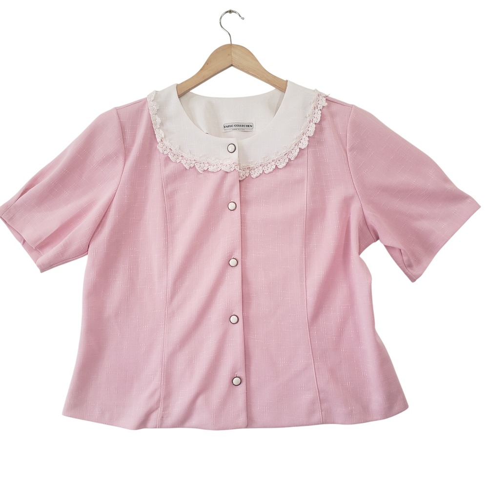 Vintage Pablo Collection Pink‎ Lace Collar Button Up Blouse Top USA Coquette
